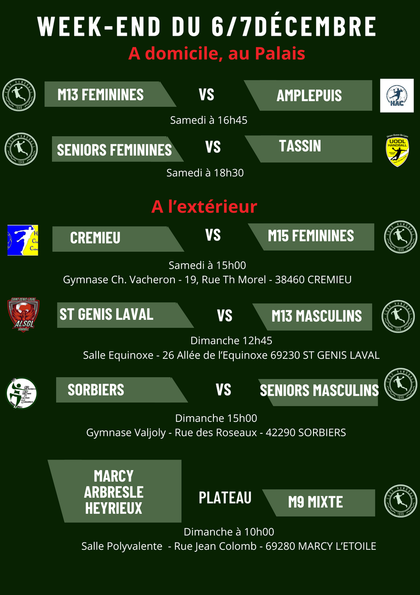 Planning du week-end du 6/7 décembre 2025